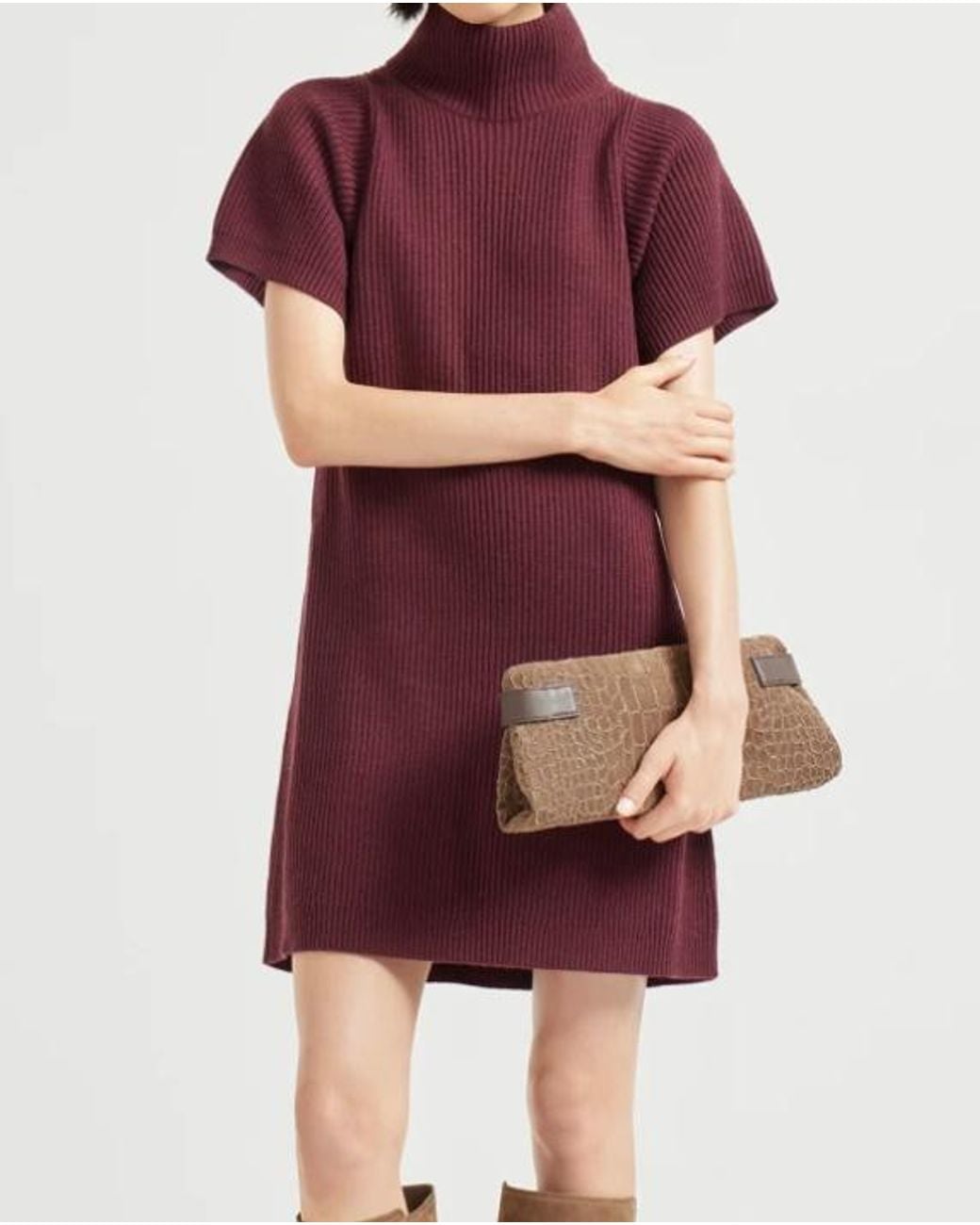 Brunello Cucinelli Red Ribbed Turtleneck Mini Dress