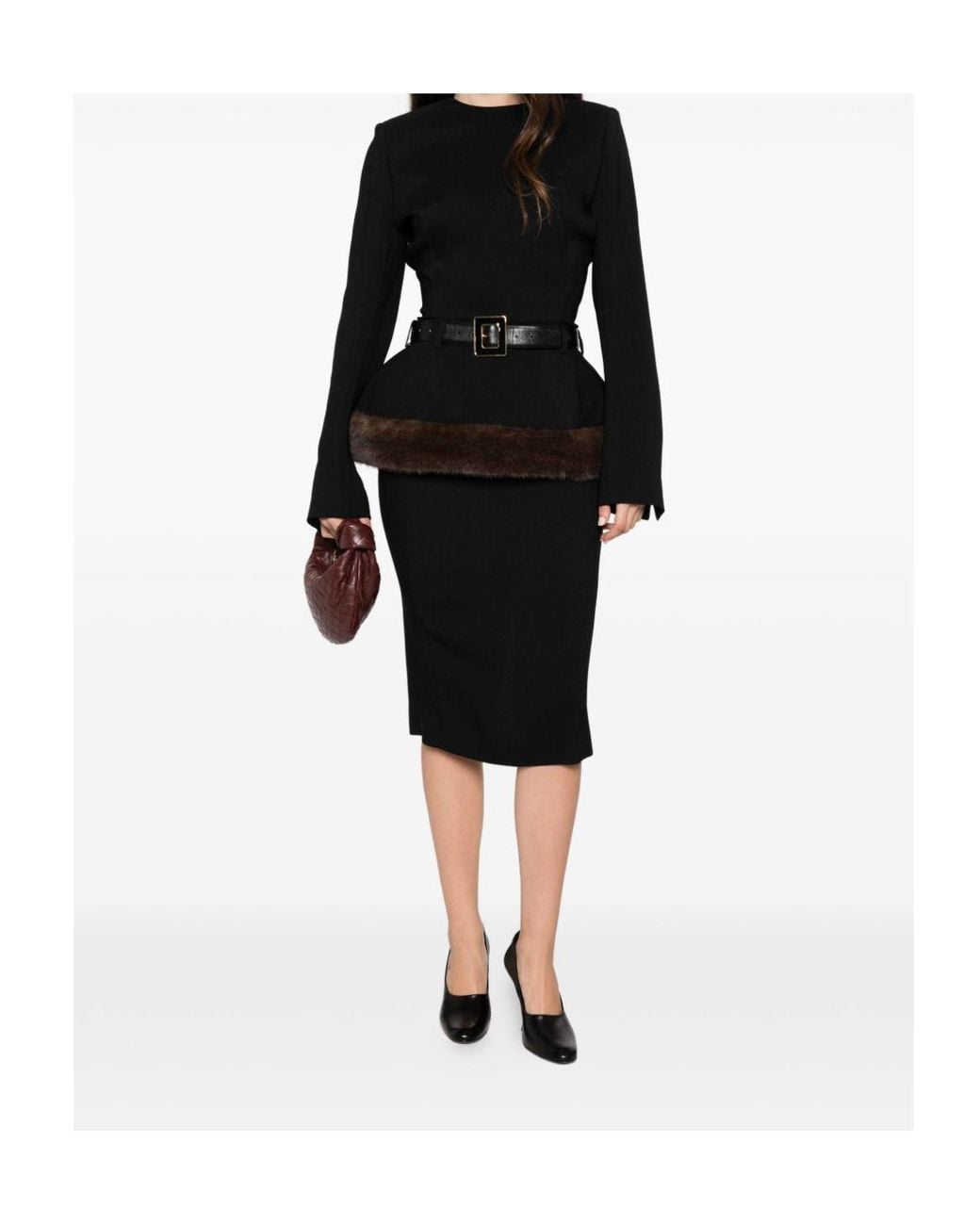 Stella McCartney Black Faux-Fur Peplum Midi Dress
