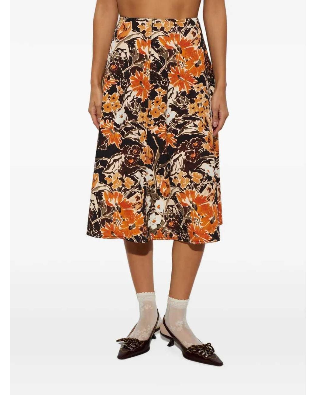 Marni Orange Floral Print Midi Skirt