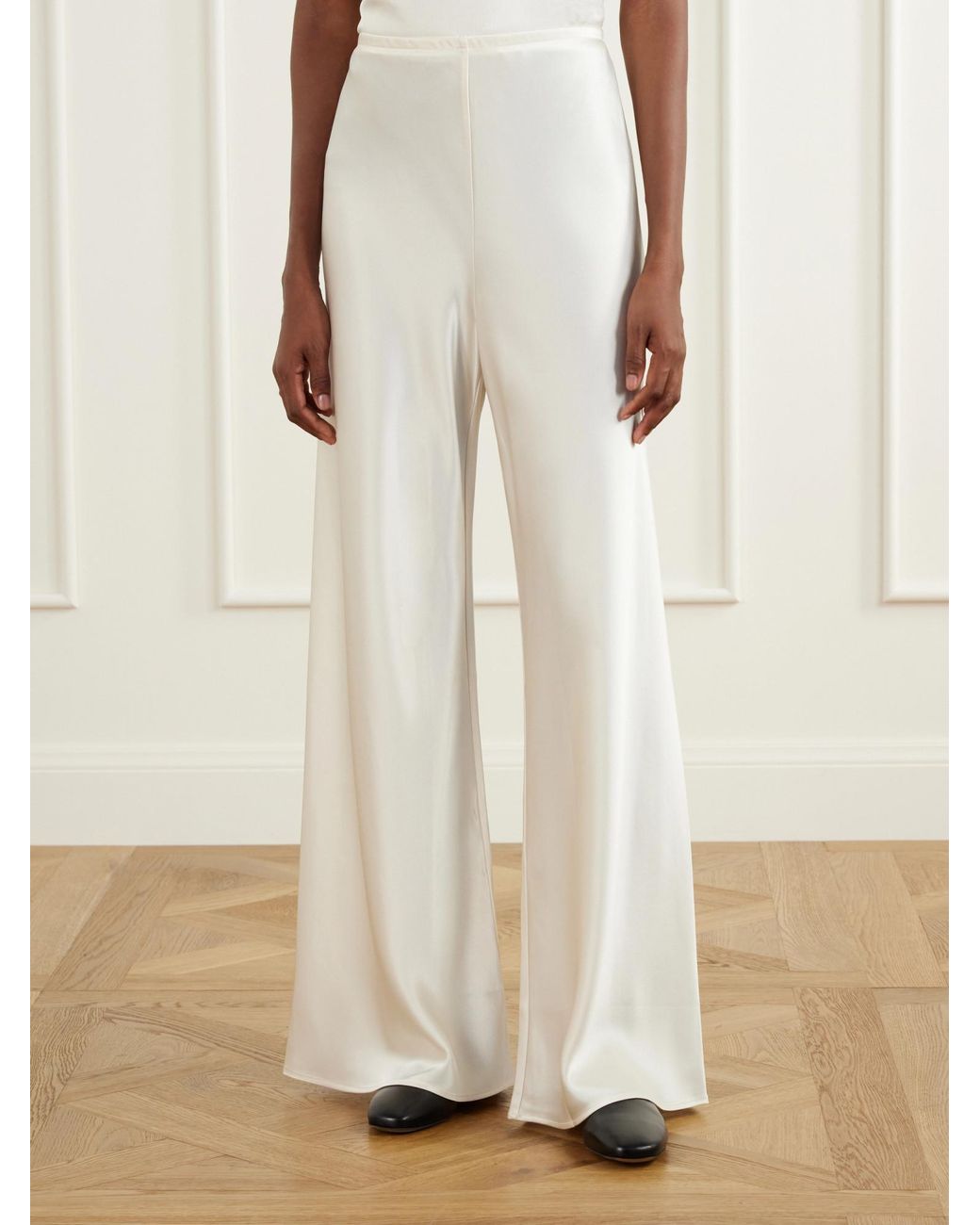 Leset White Barb Draped Satin Wide-Leg Pants