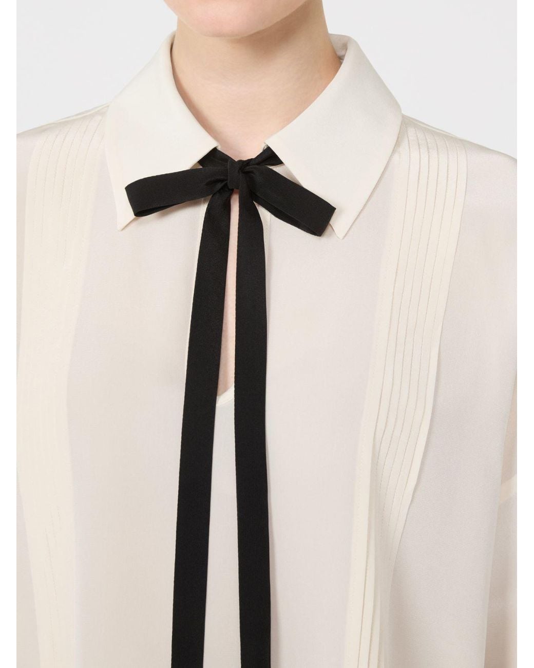 Max Mara White Studio Pintuck Tie-Neck Blouse