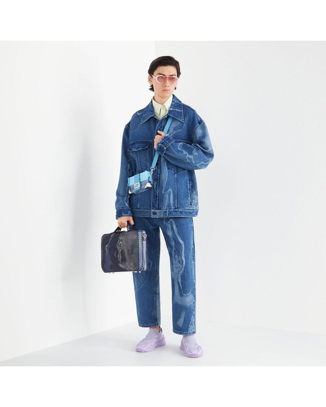 Fendi Blue Contrasted Logo Motif Denim Trousers for men