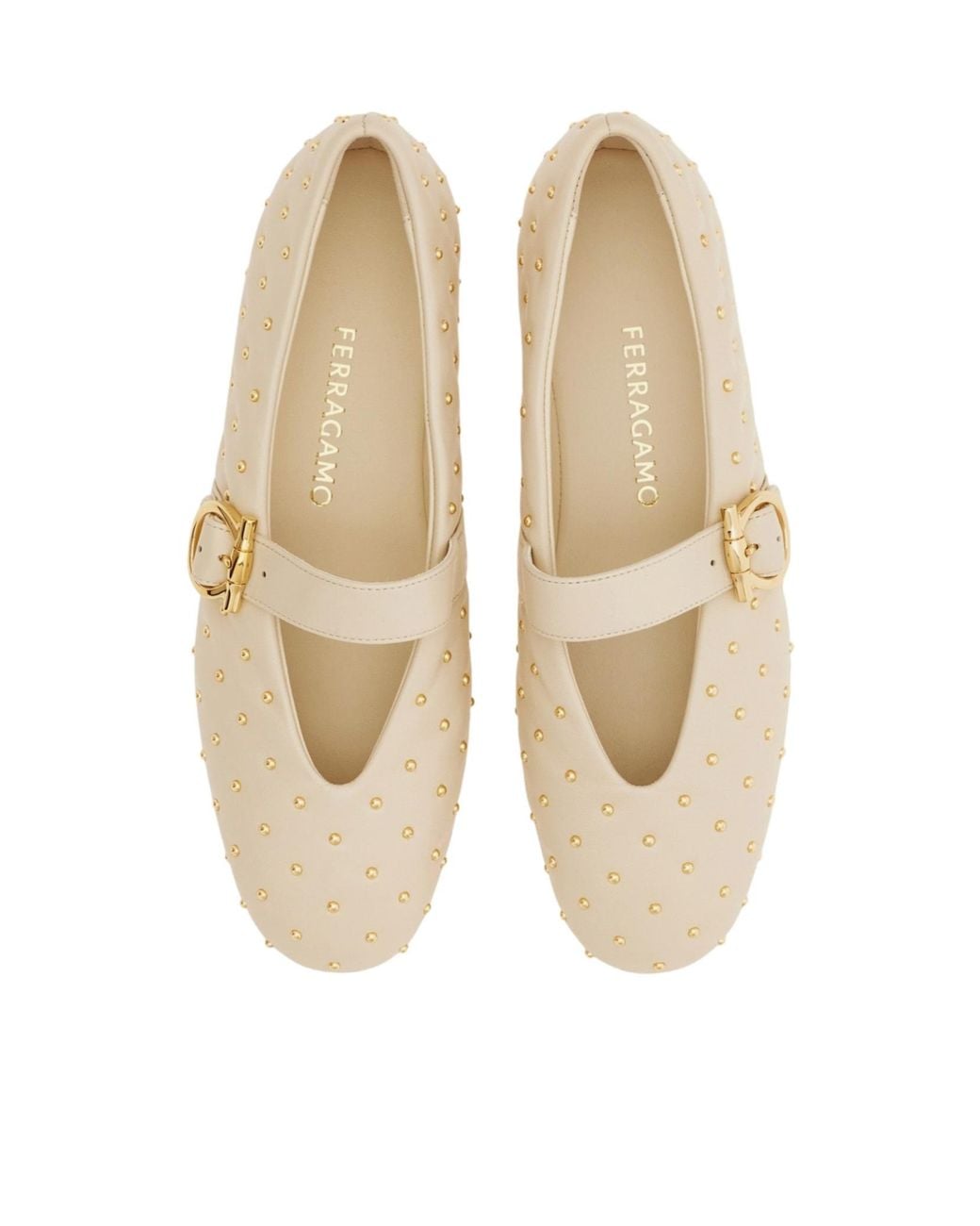 Ferragamo White Studded Gancini Buckle Ballet Flat