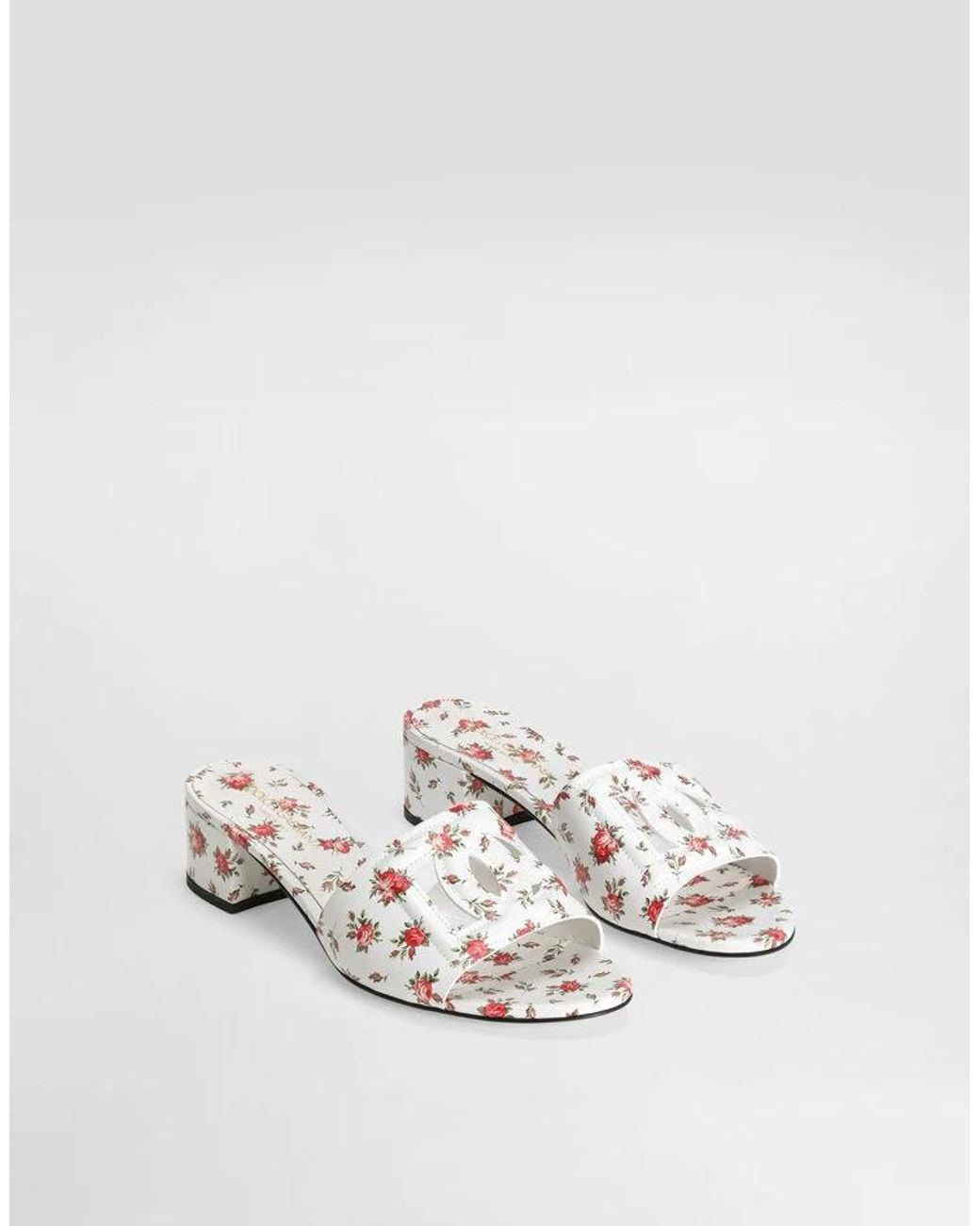 Dolce & Gabbana White Floral Block-Heel Mules