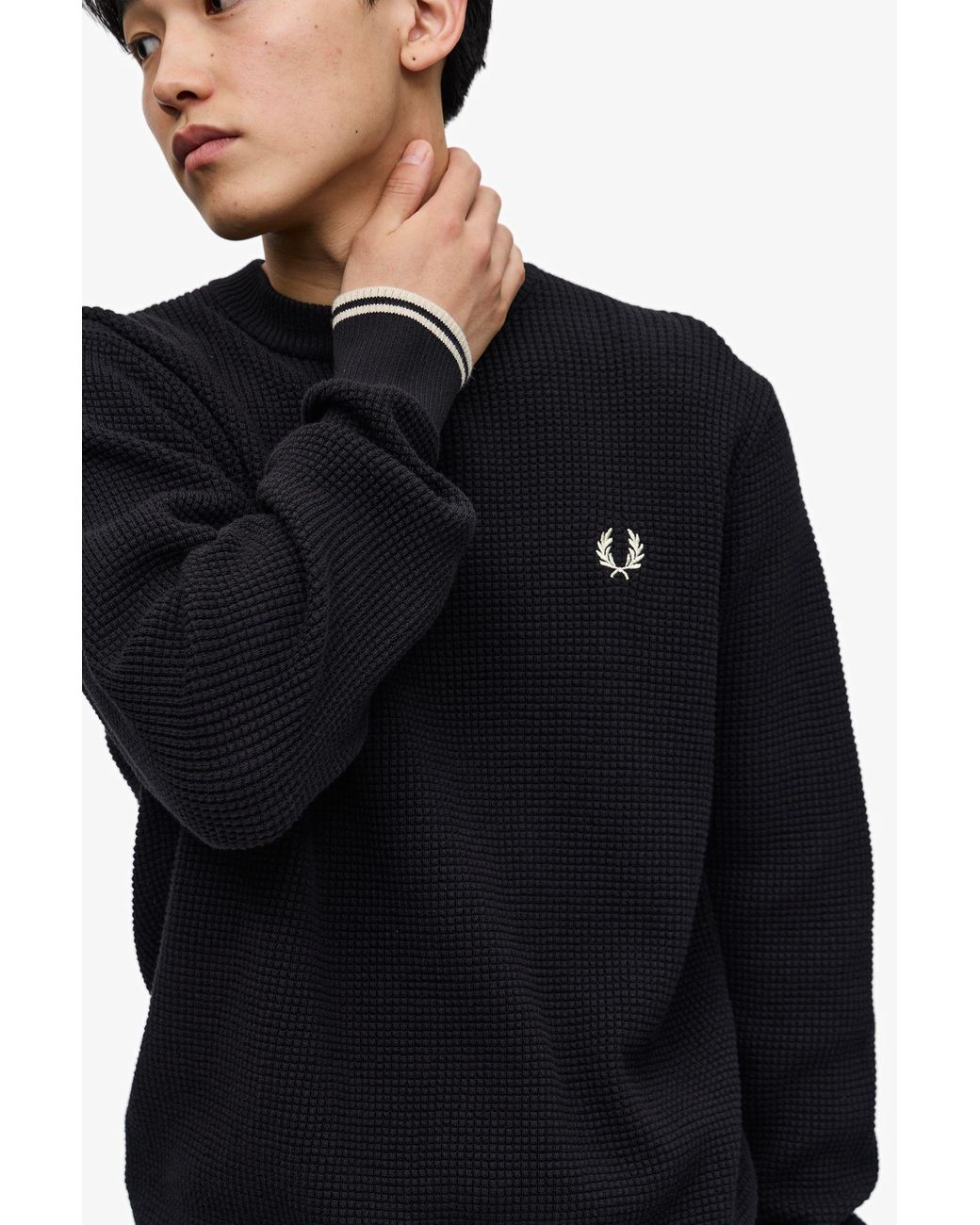 Fred Perry Black Waffle-Knit Crewneck Jumper for men
