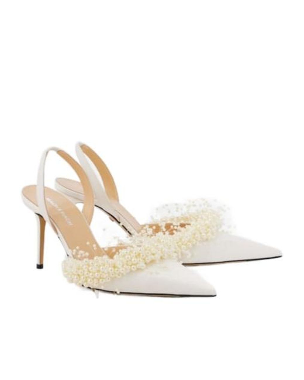 Mach & Mach White Floating Pearl 85 Satin Slingback Pumps