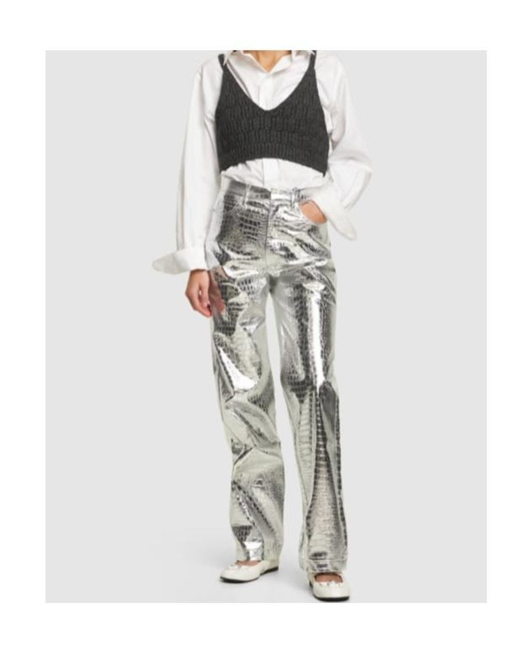 ROTATE BIRGER CHRISTENSEN Gray Textured Metallic Viscose Pants