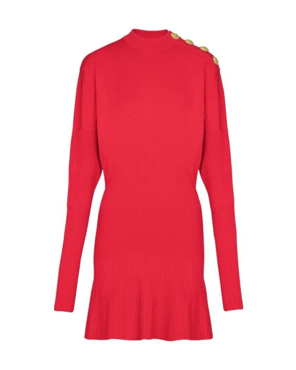 Balmain Red Turtleneck Long-Sleeve Knit Dress