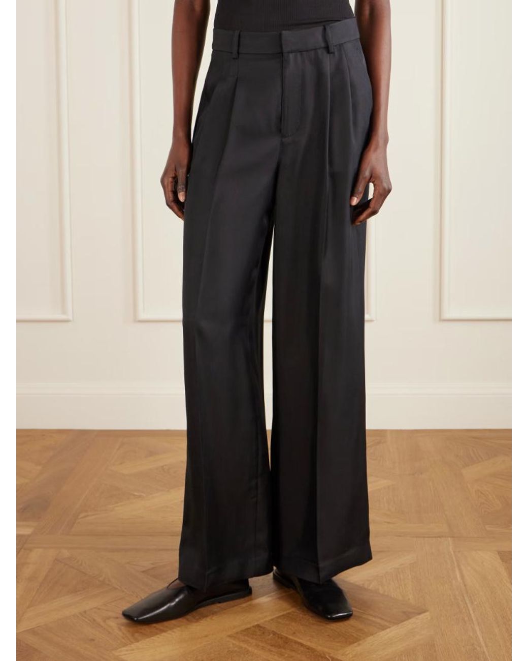 Lisa Yang Black Pleated Silk-Twill Wide-Leg Pants