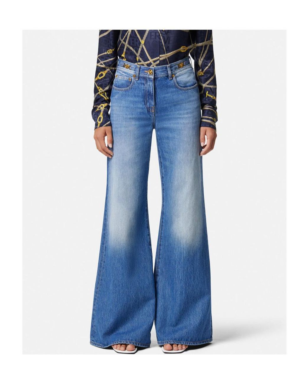Versace Blue Medusa 95 Logo-Engraved Mid-Rise Flared Jeans