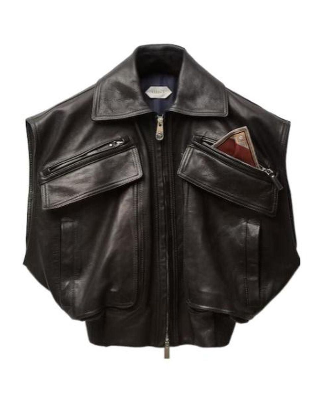 Versace Black Zip-Up Leather Gilet