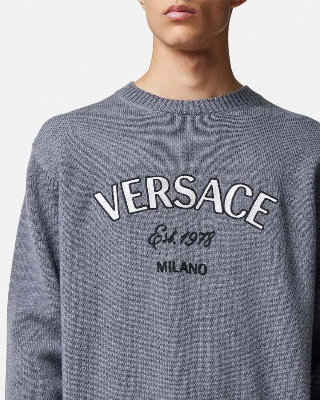 Versace Gray Logo-Embroidered Crewneck Jumper for men
