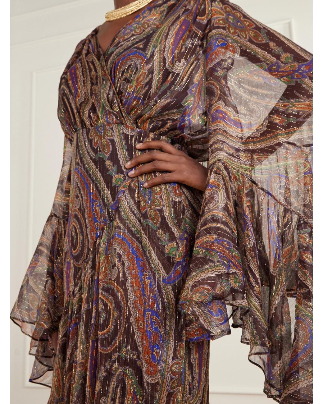 Etro Brown Ruffled Printed Metallic Maxi Dress