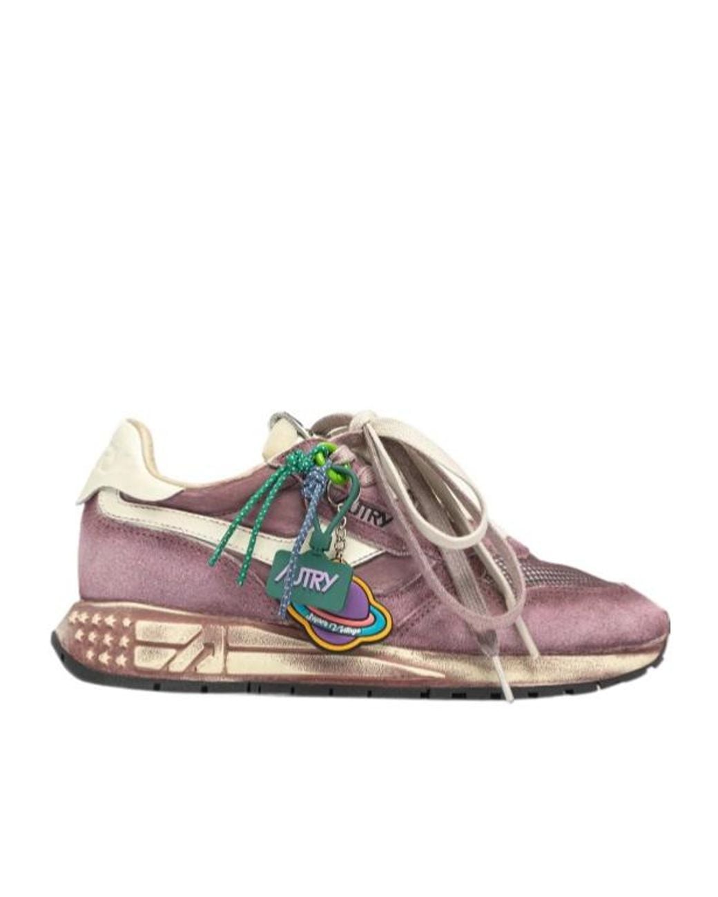 Autry Pink Reelwind Distressed Lace-Up Sneakers