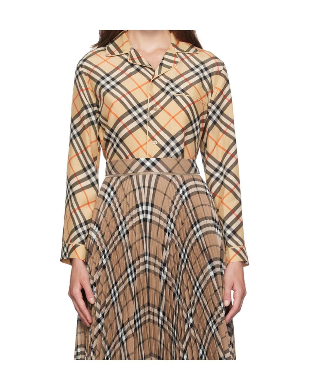 Burberry Brown Vintage Check-Print Silk Pajama Top