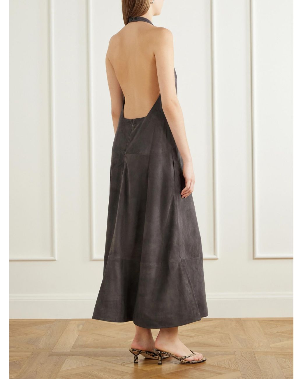 St. Agni Gray Paneled Suede Halter Midi Dress