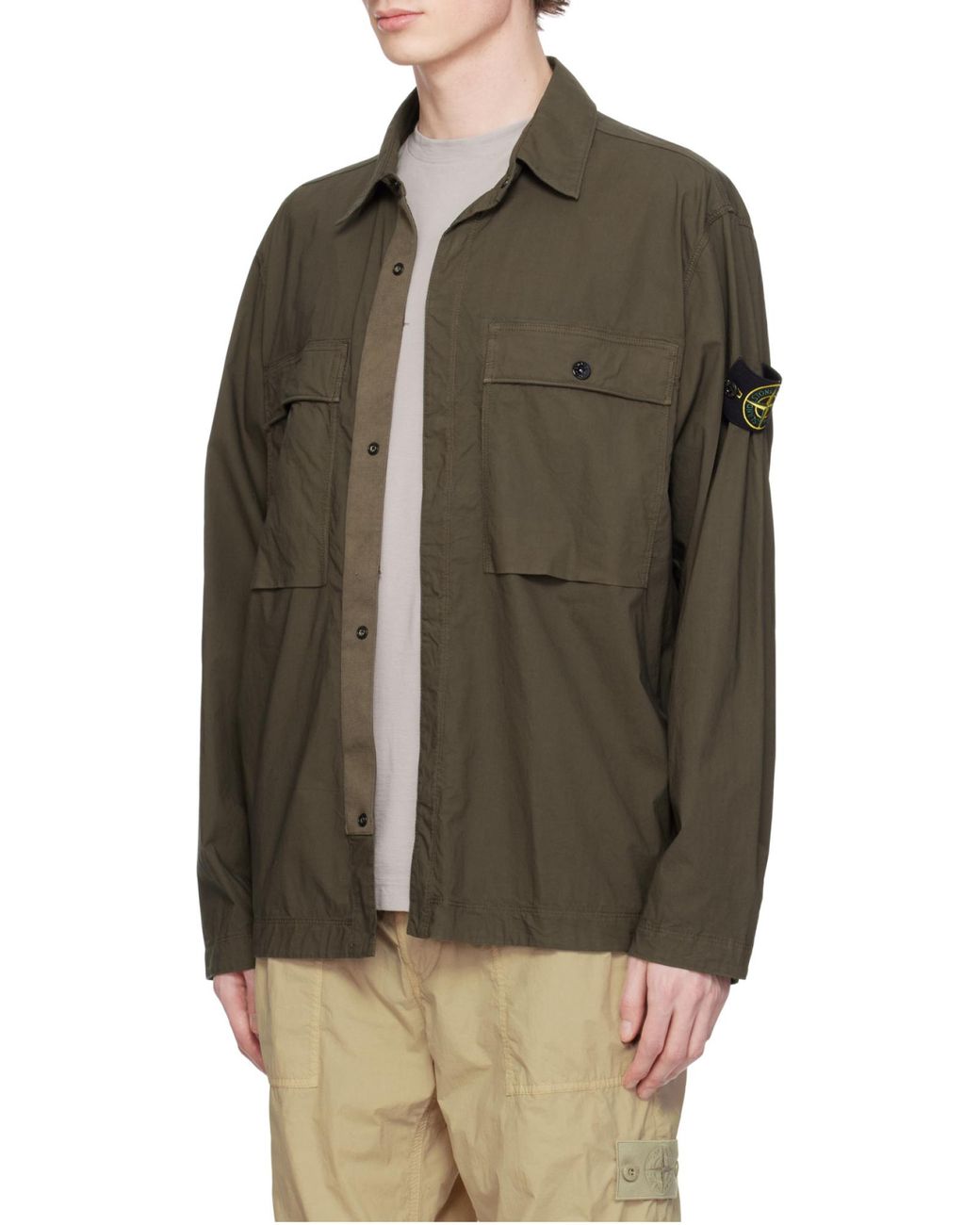 Stone Island Gray Logo Patch Long Sleeved Overshirt for men