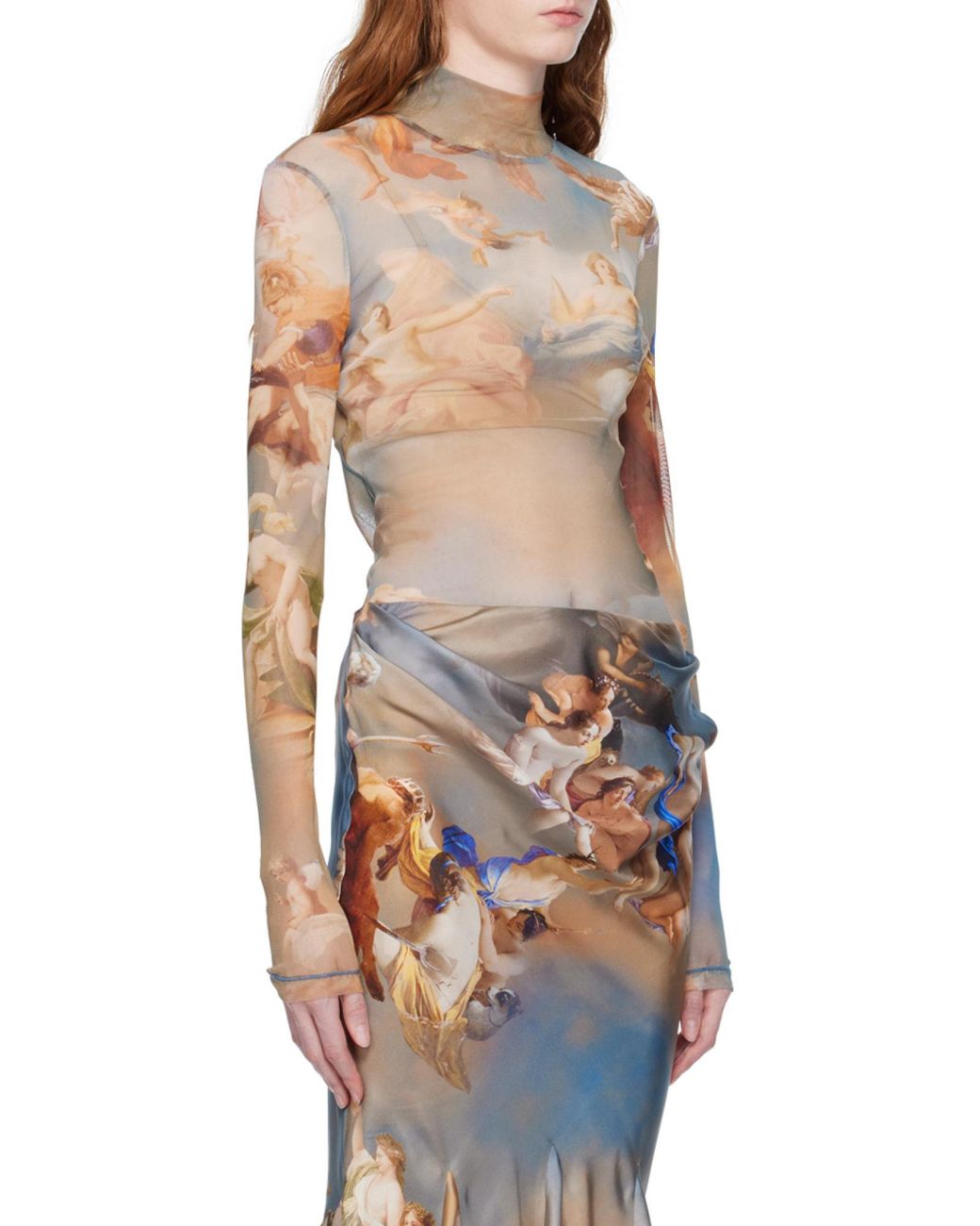 Balmain White Sky Printed Long-Sleeved Tulle Top