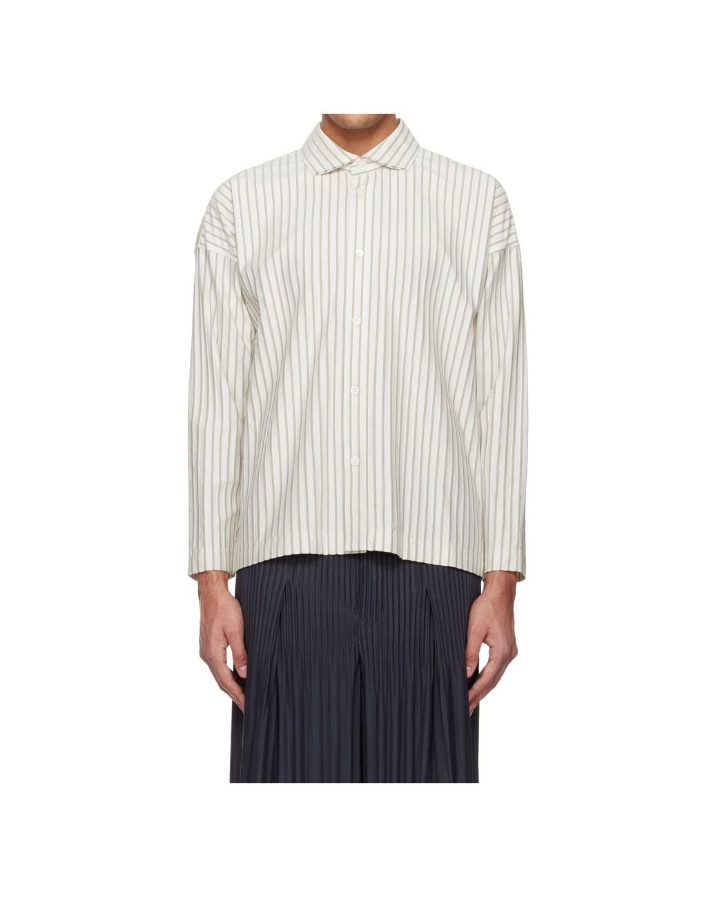 Homme Plissé Issey Miyake White Striped Long-Sleeved Shirt for men