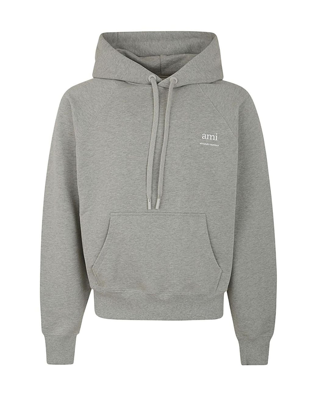 AMI Gray Ami De Coeur Logo-Printed Drawstring Hoodie for men
