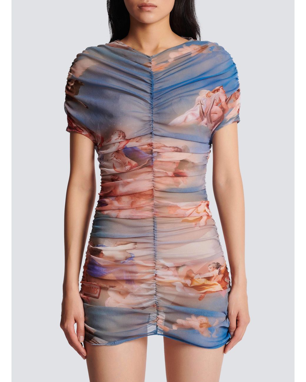 Balmain Blue Sky Printed Gathered Tulle Dress
