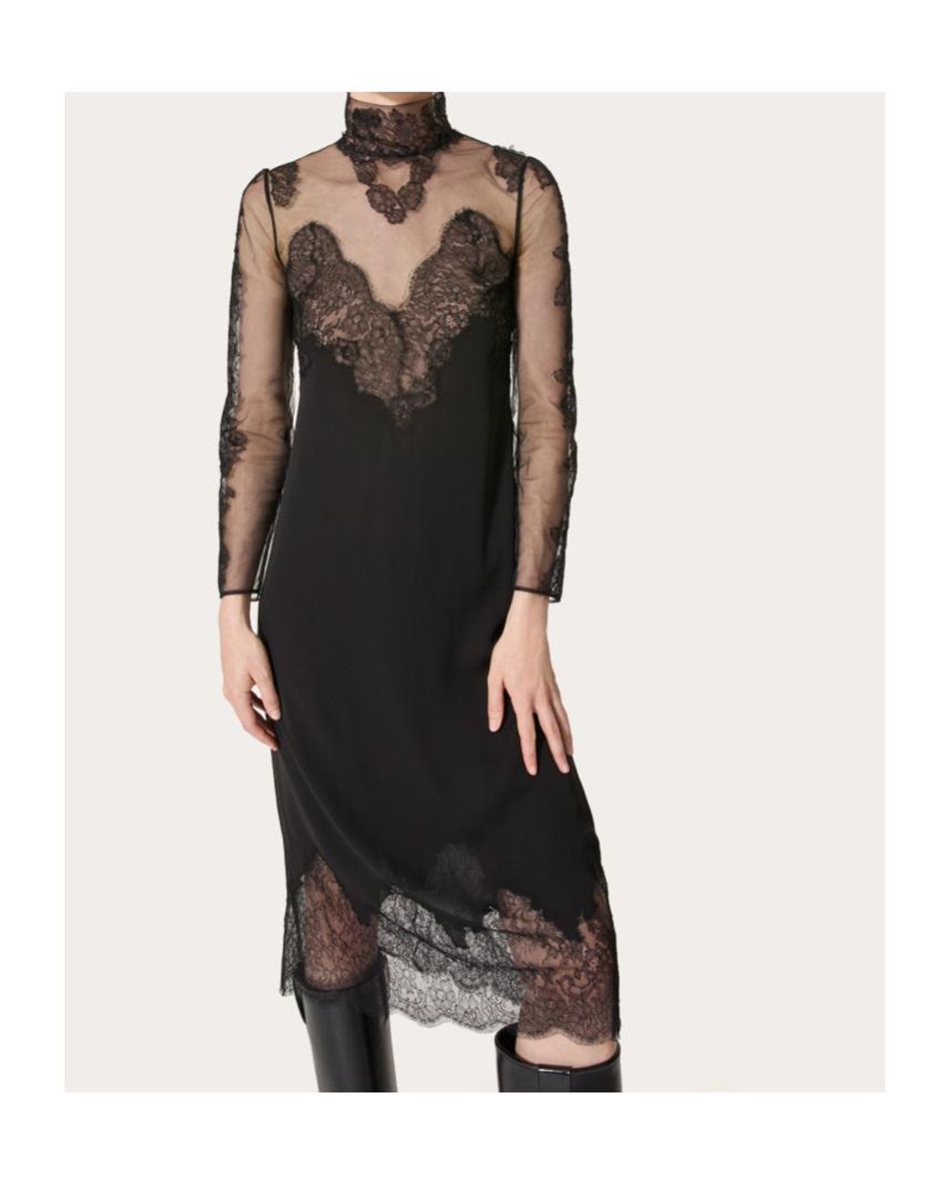 Valentino Black Laced High Neck Long-Sleeved Midi Dress