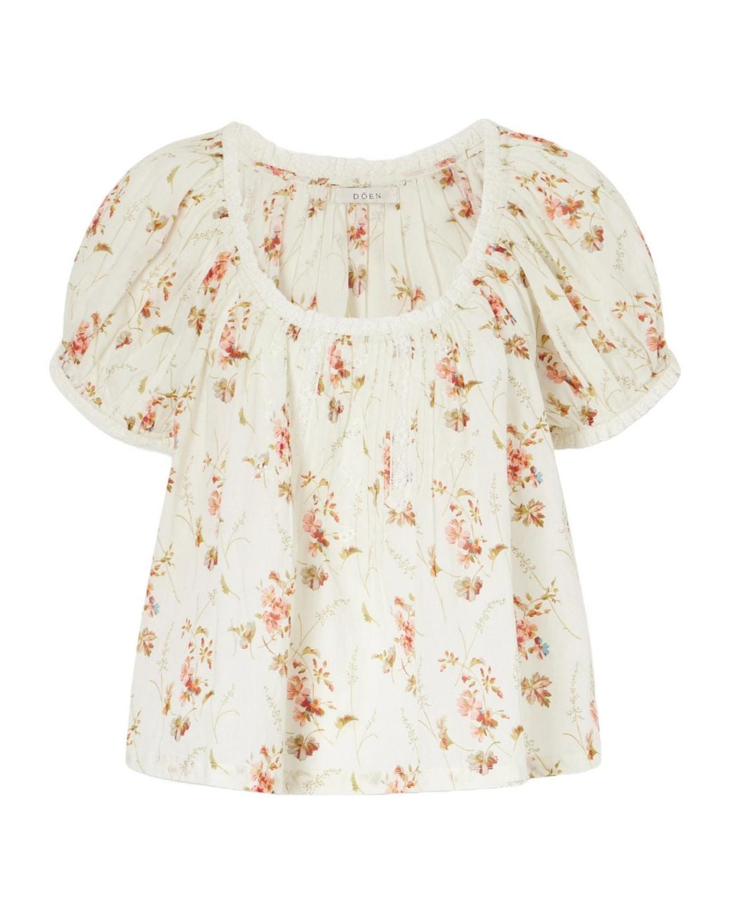 Doen White Lace-Trimmed Floral-Print Organic Cotton Blouse