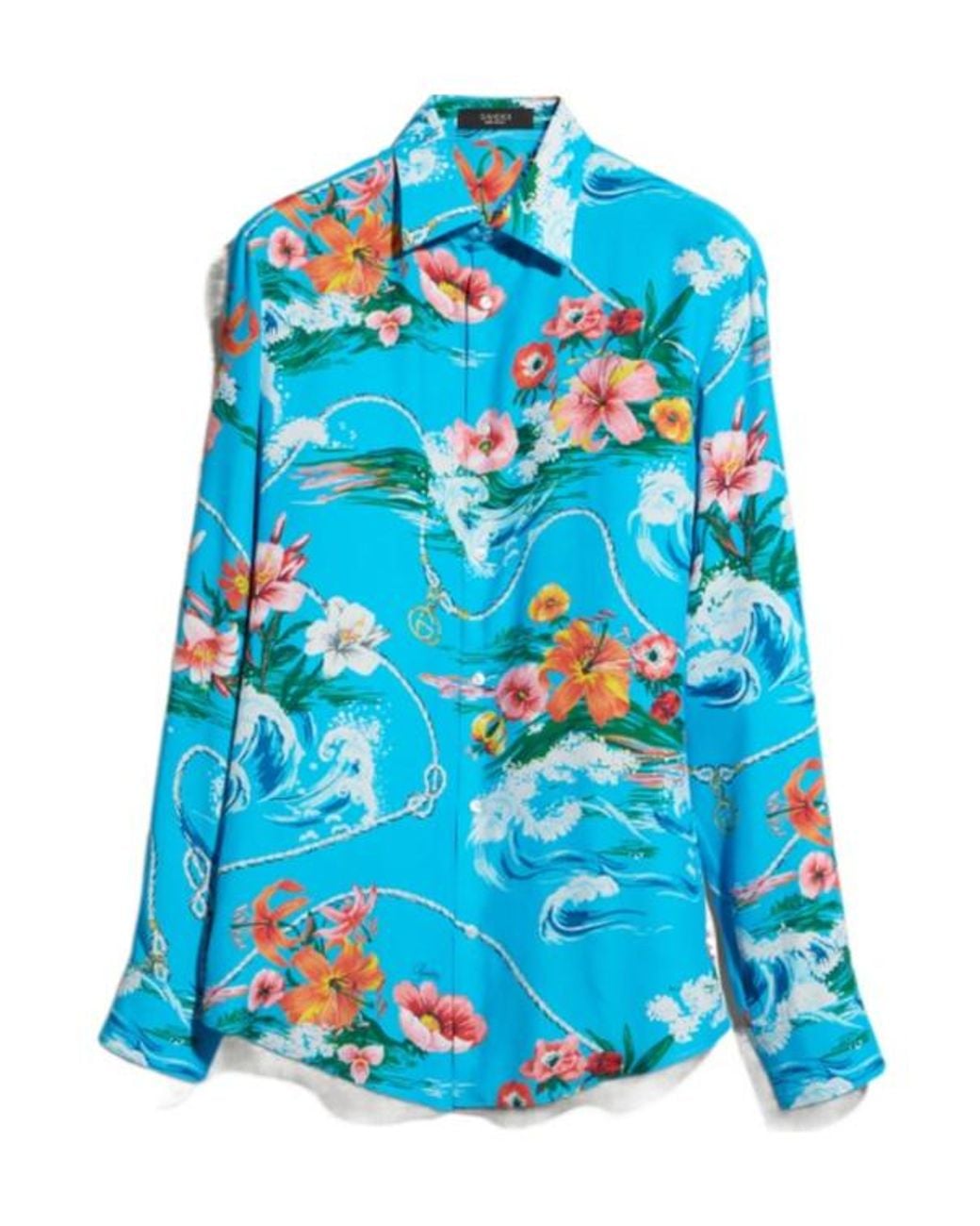 Gucci Blue Printed Collared Long-Sleeve Shirt for men