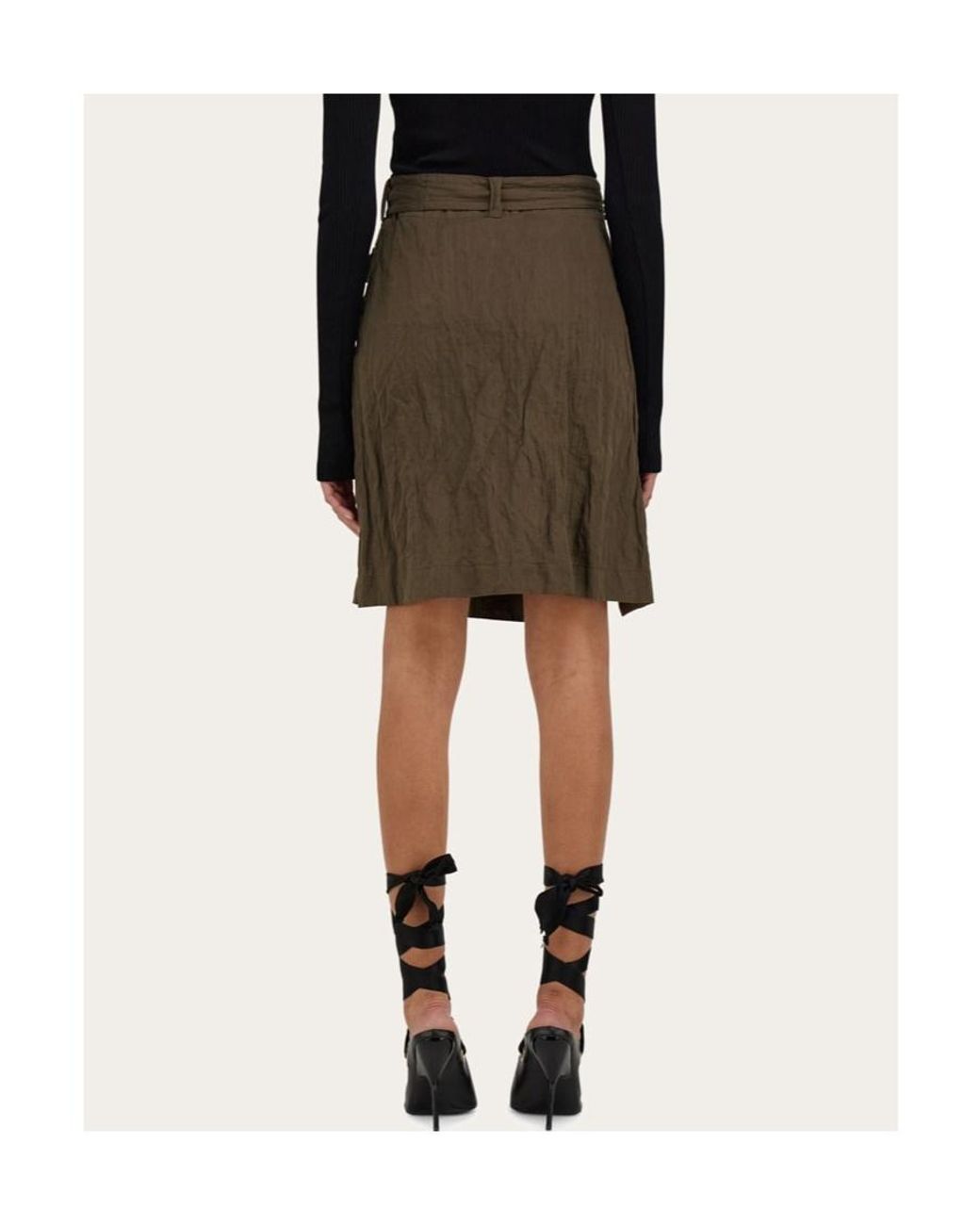 Ferragamo Green Ferragamo Belted Waist Ruched Midi Skirt