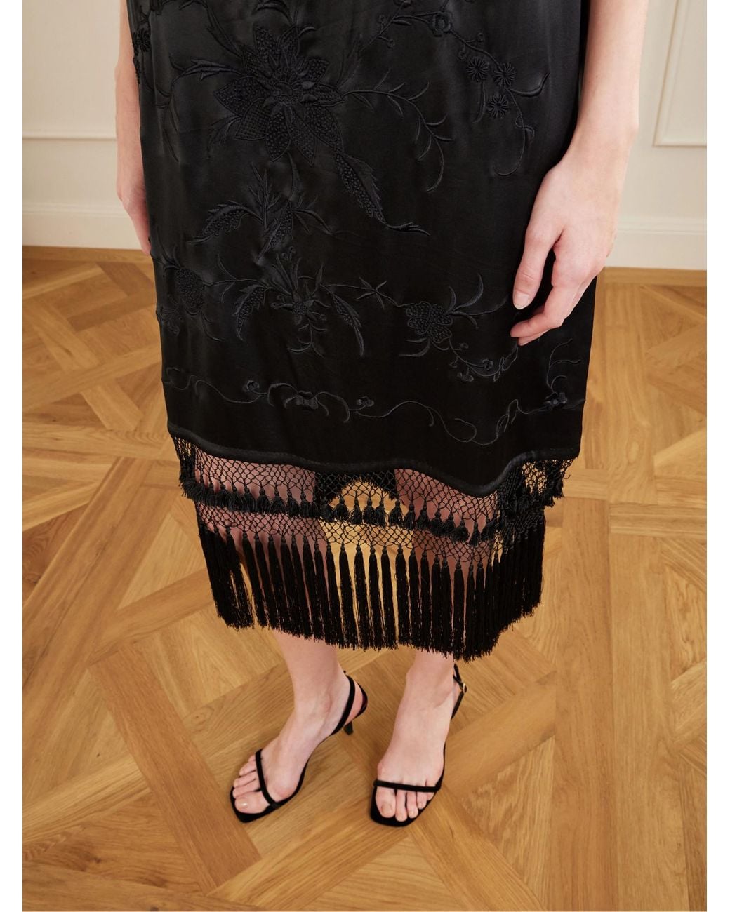 Bode Black Fringed Floral Dress
