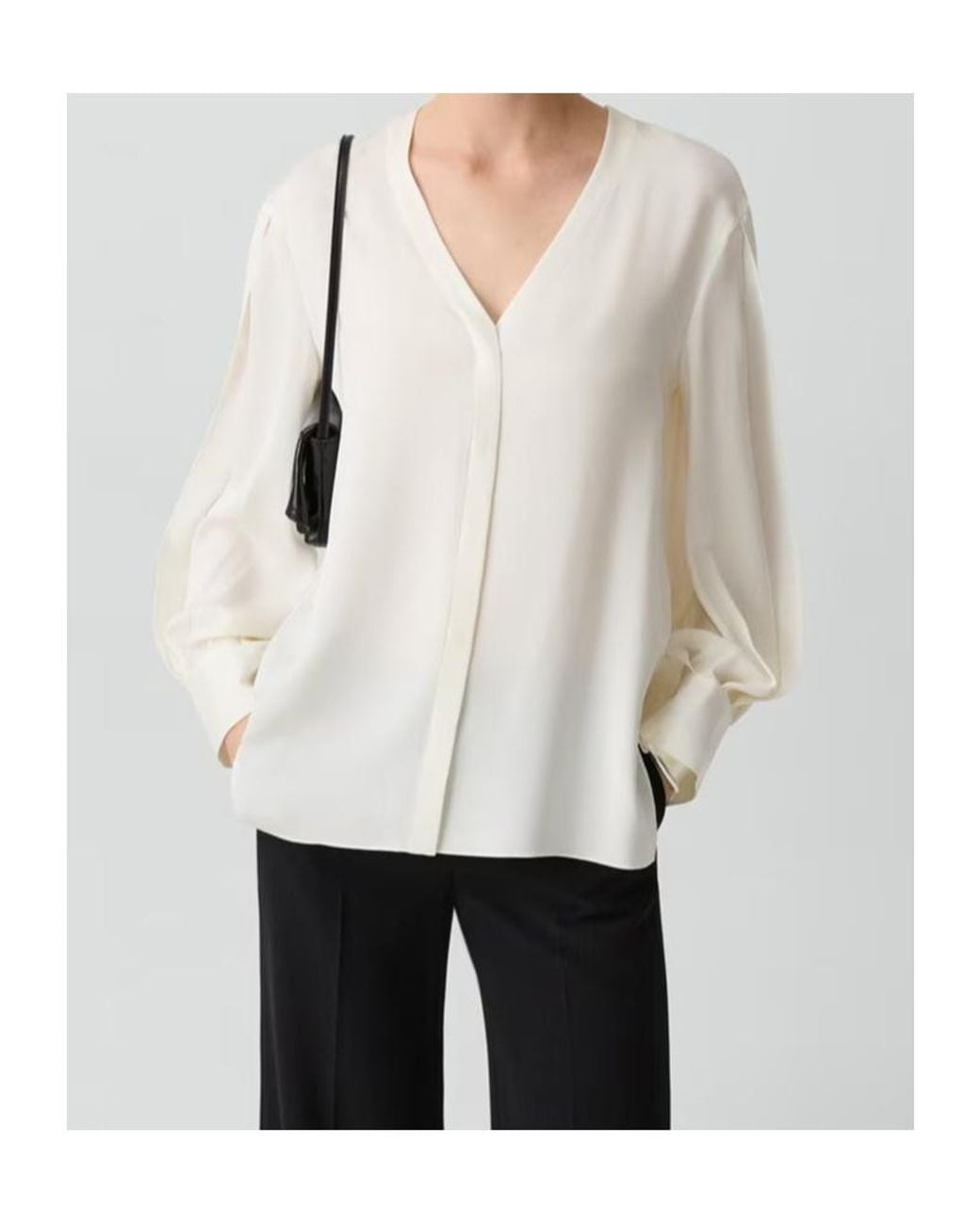 Theory White V-Neck Flared-Cuff Blouse