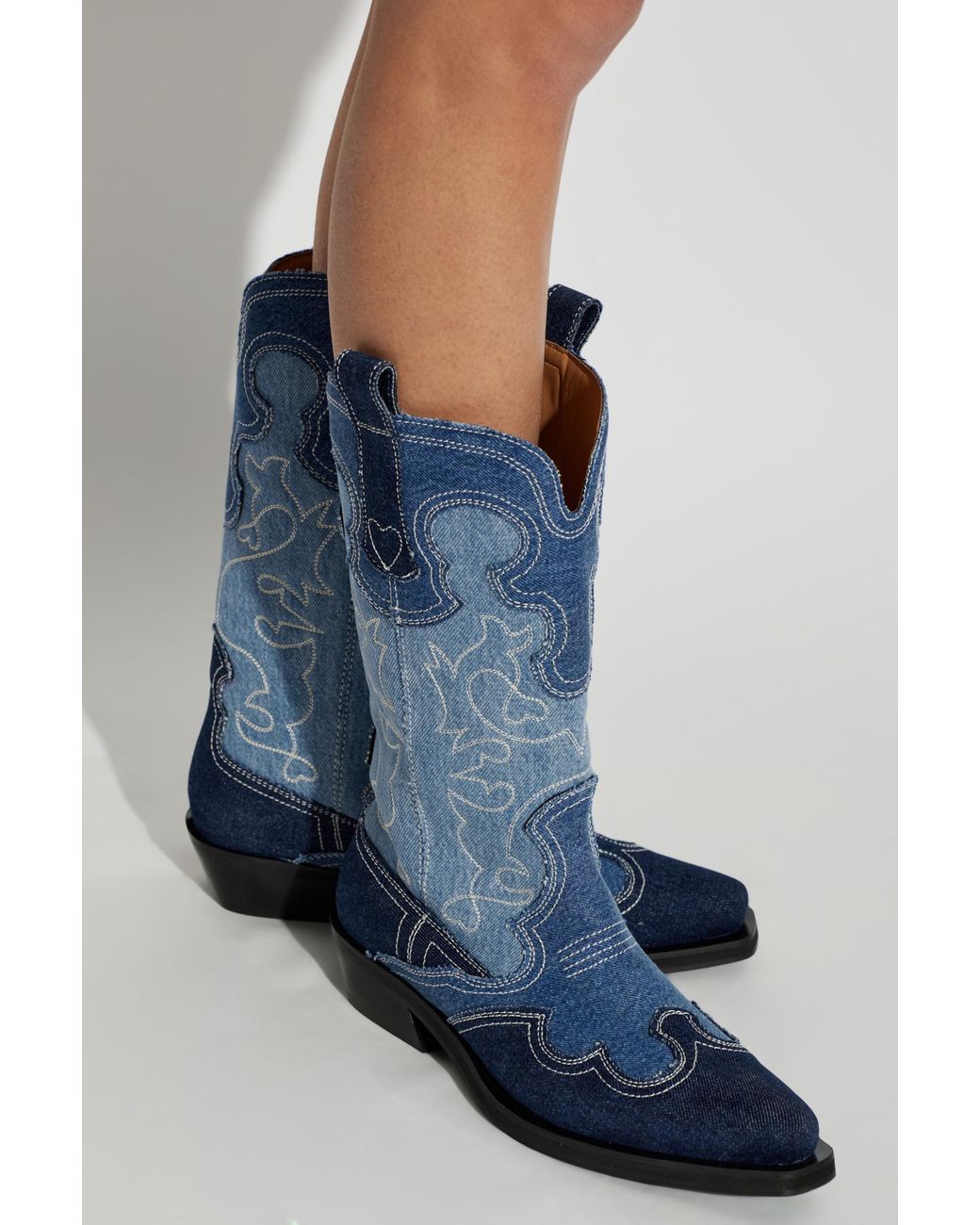 Ganni Blue Embroidered Denim Boots