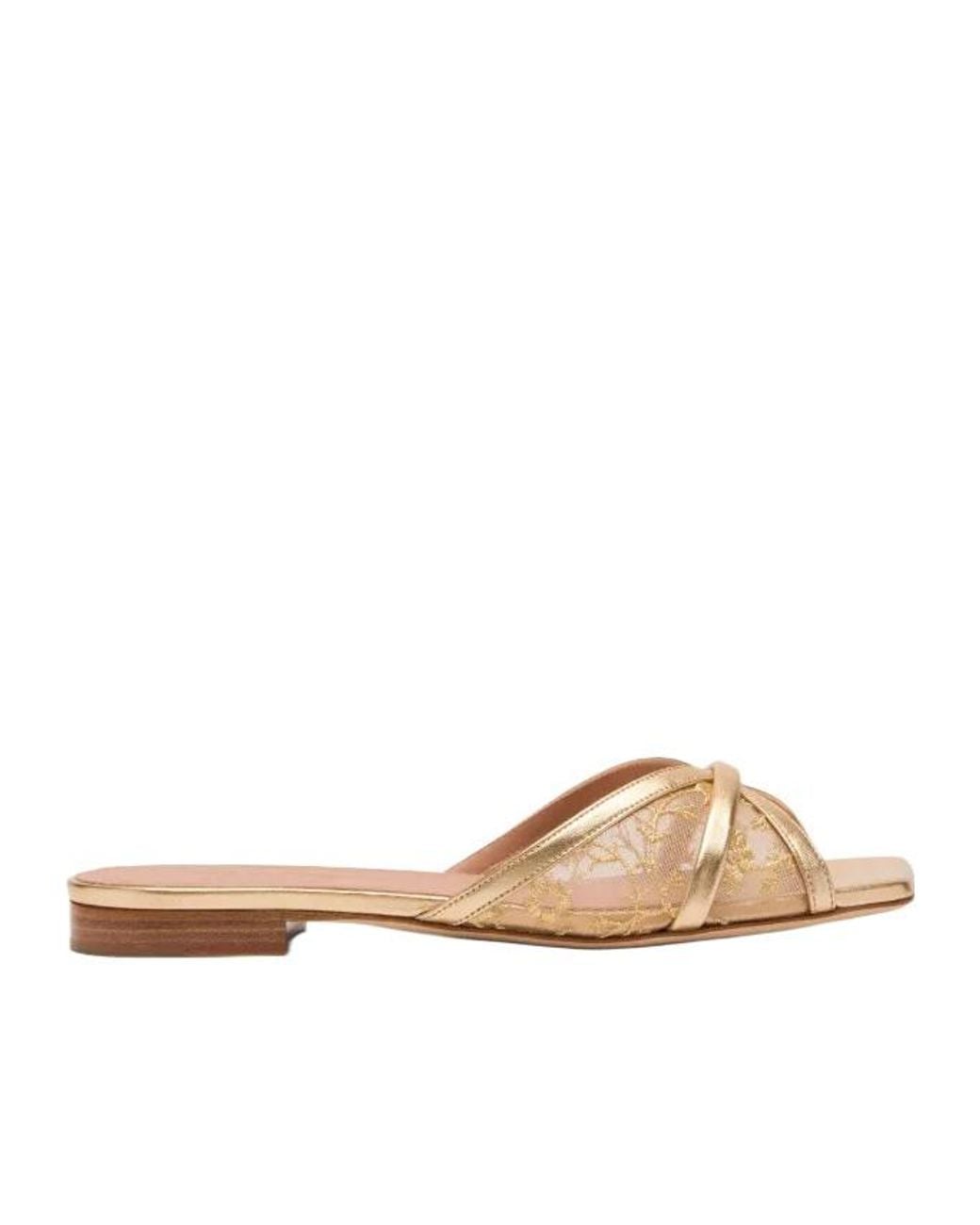 Malone Souliers Natural Perla Flower-Embroidered Flat Sandals