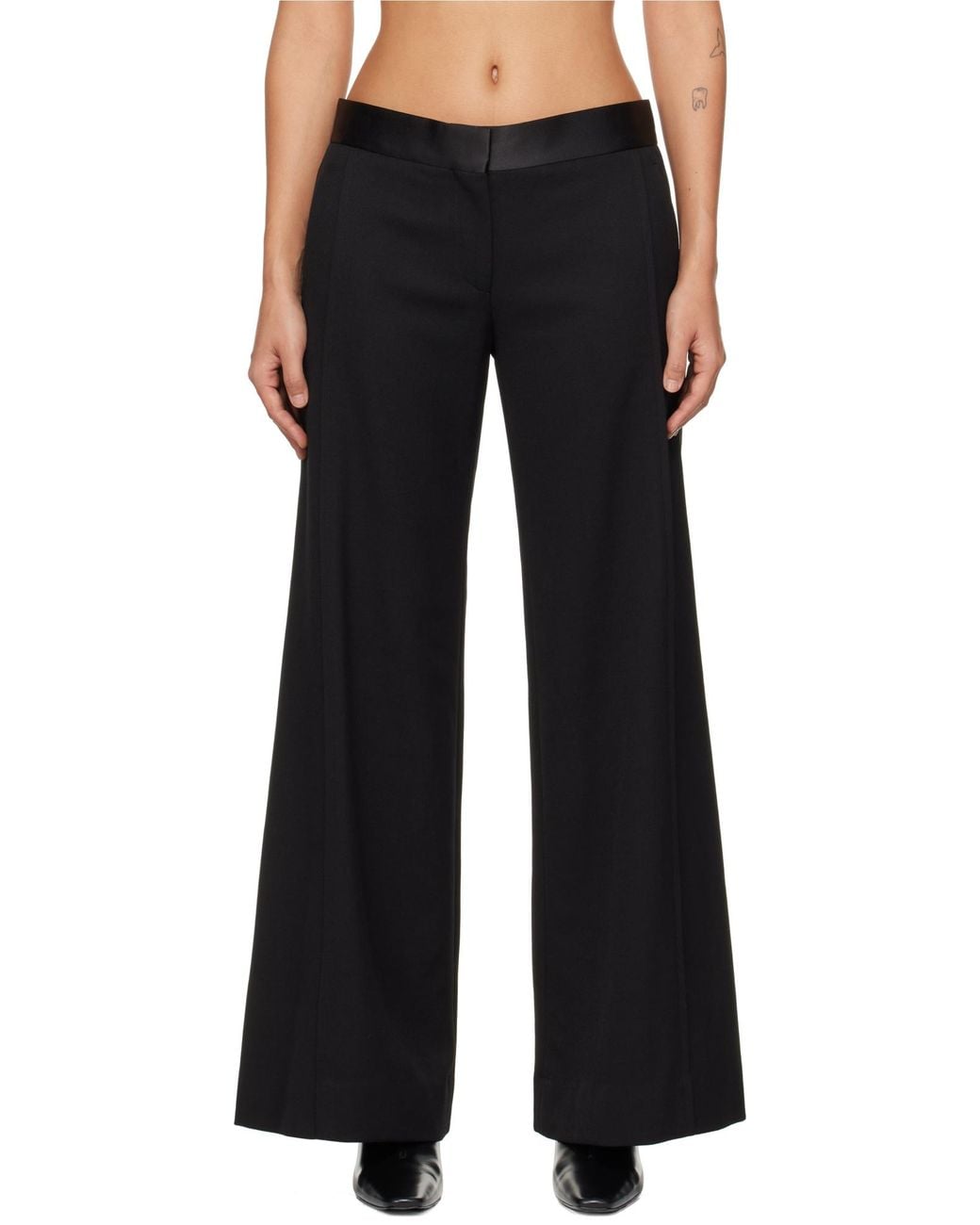 Victoria Beckham Black Wide-Leg Satin-Trim Trousers