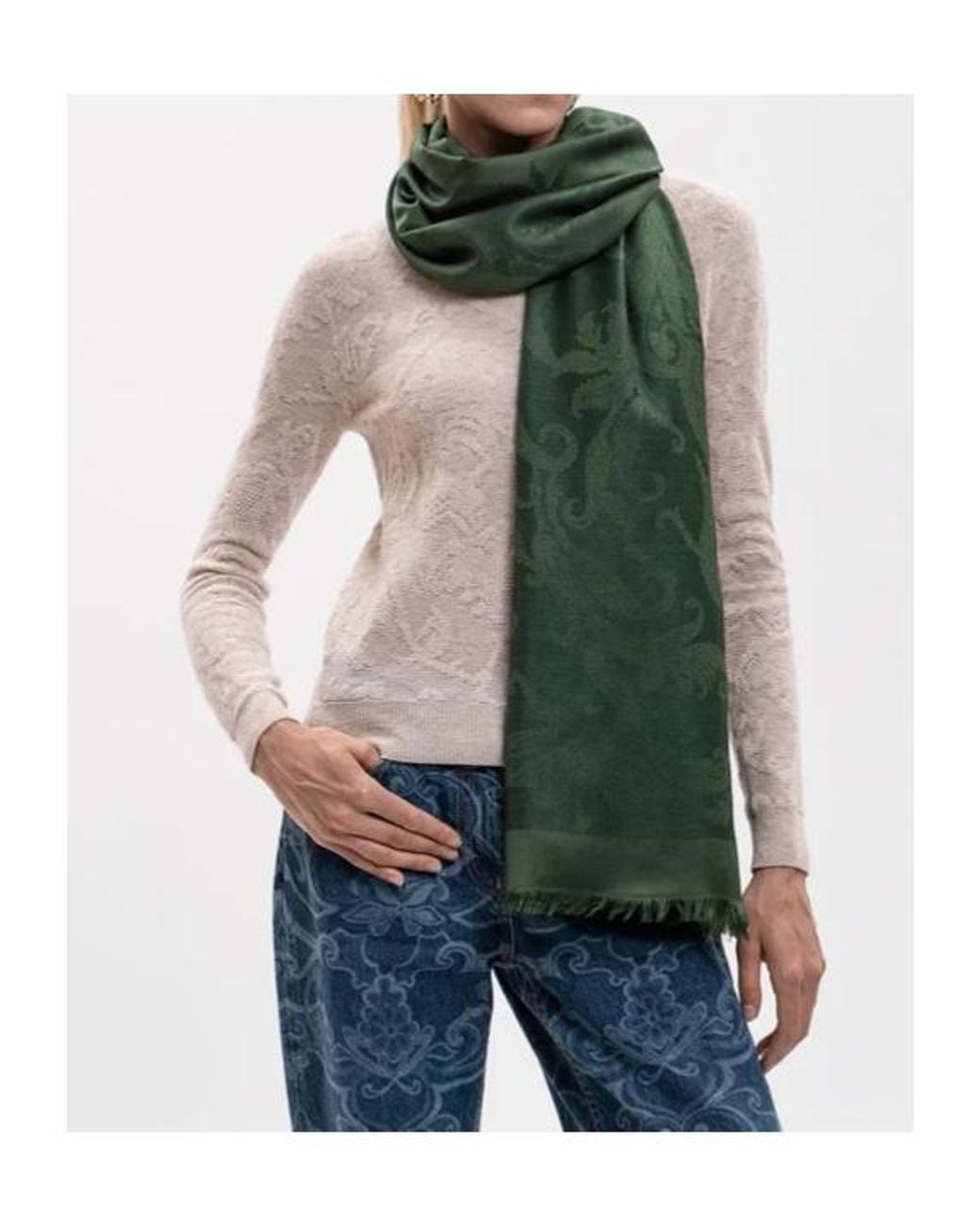 Etro Green Paisley-Jacquard Fringed Scarf