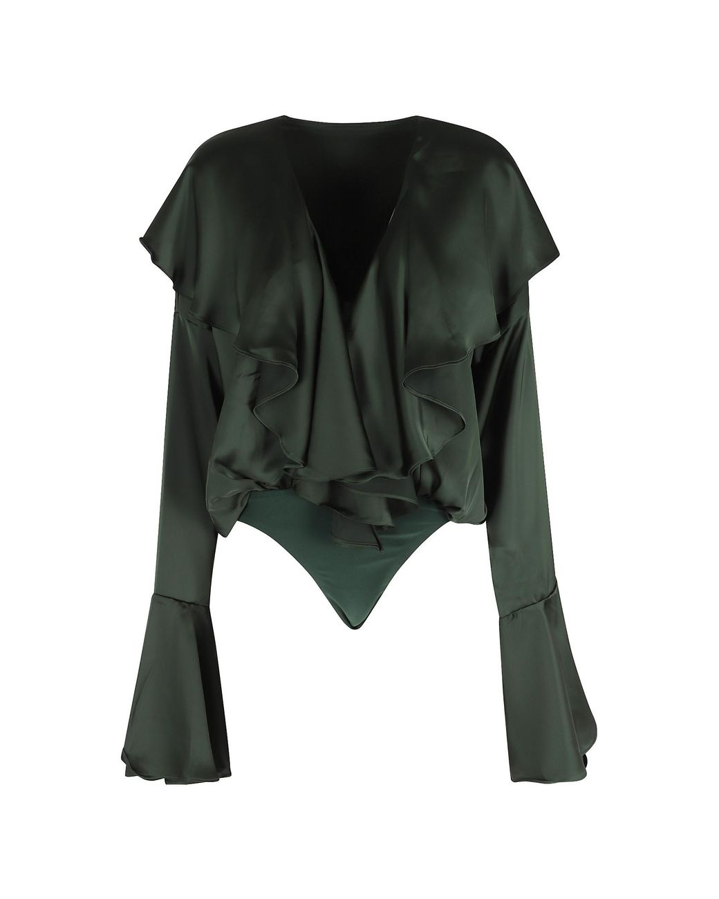 Norma Kamali Green Long Sleeve Deep V Ruffle Bodysuit