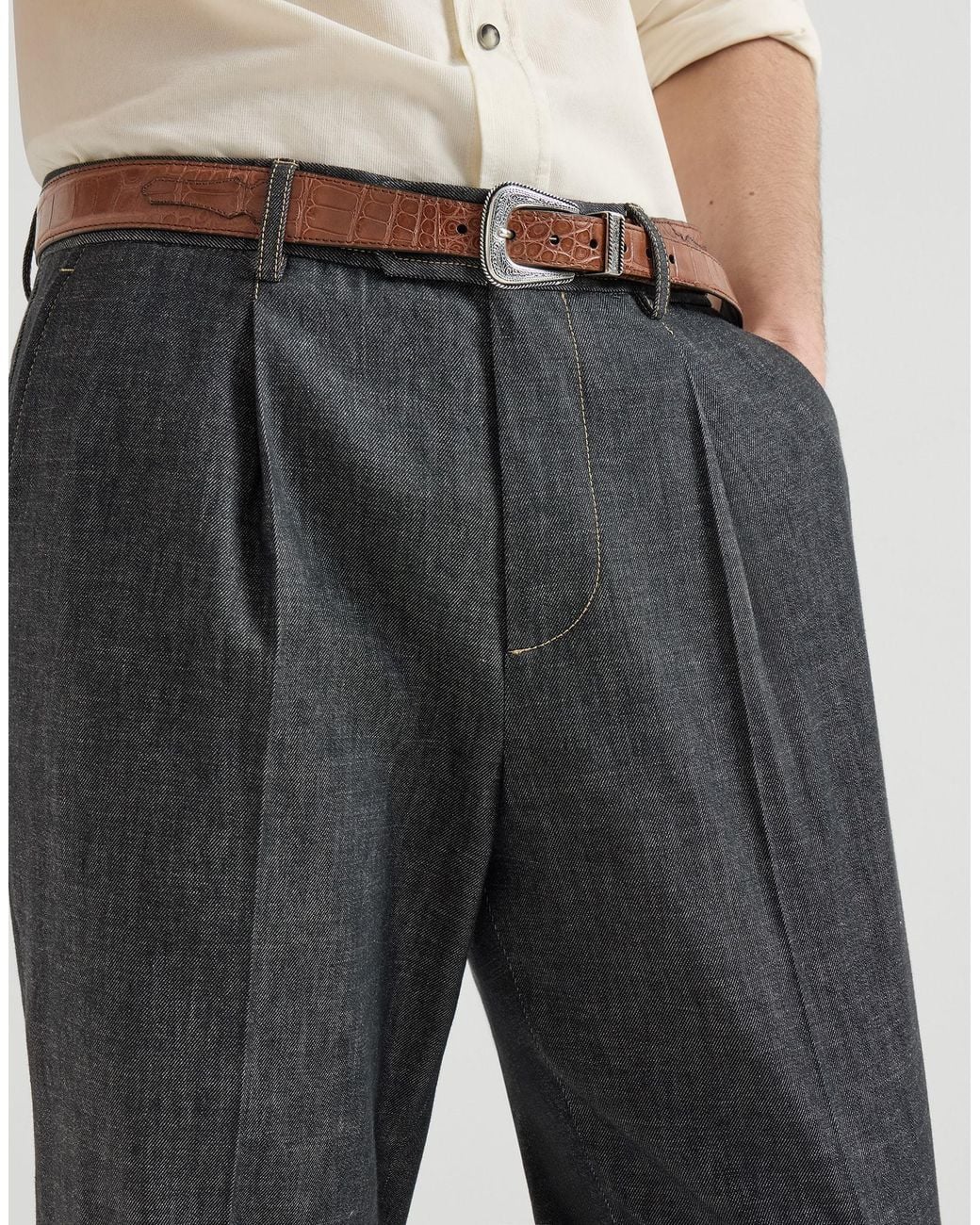 Brunello Cucinelli Gray No-Fade Lightweight Denim Trousers With Pleat for men