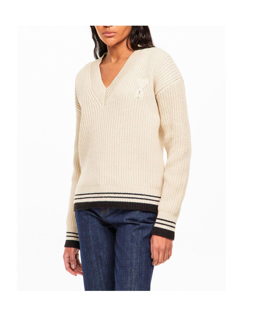 AMI White V-Neck Knit Sweater