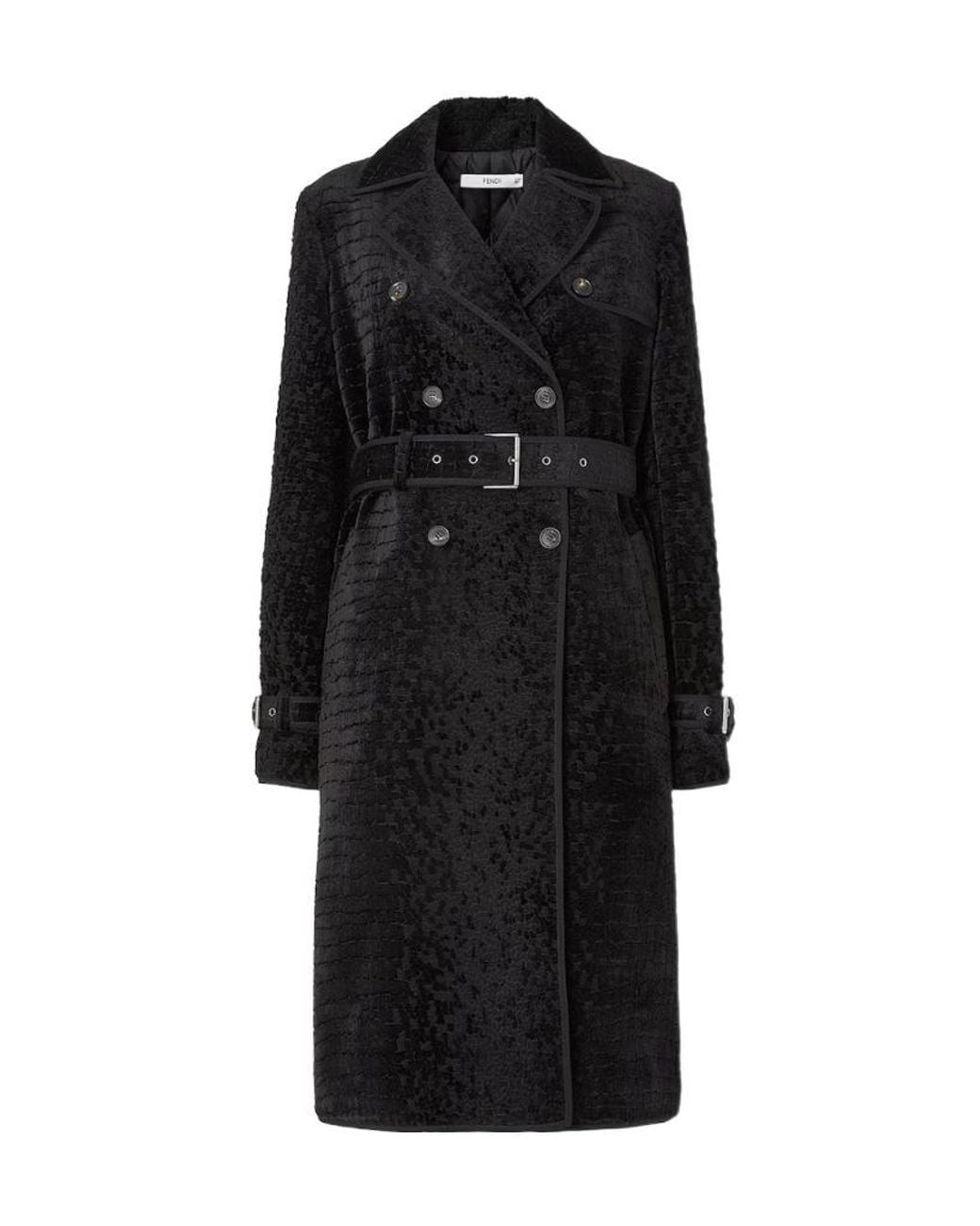 Fendi Black Double Breasted Belted Velvet Coat