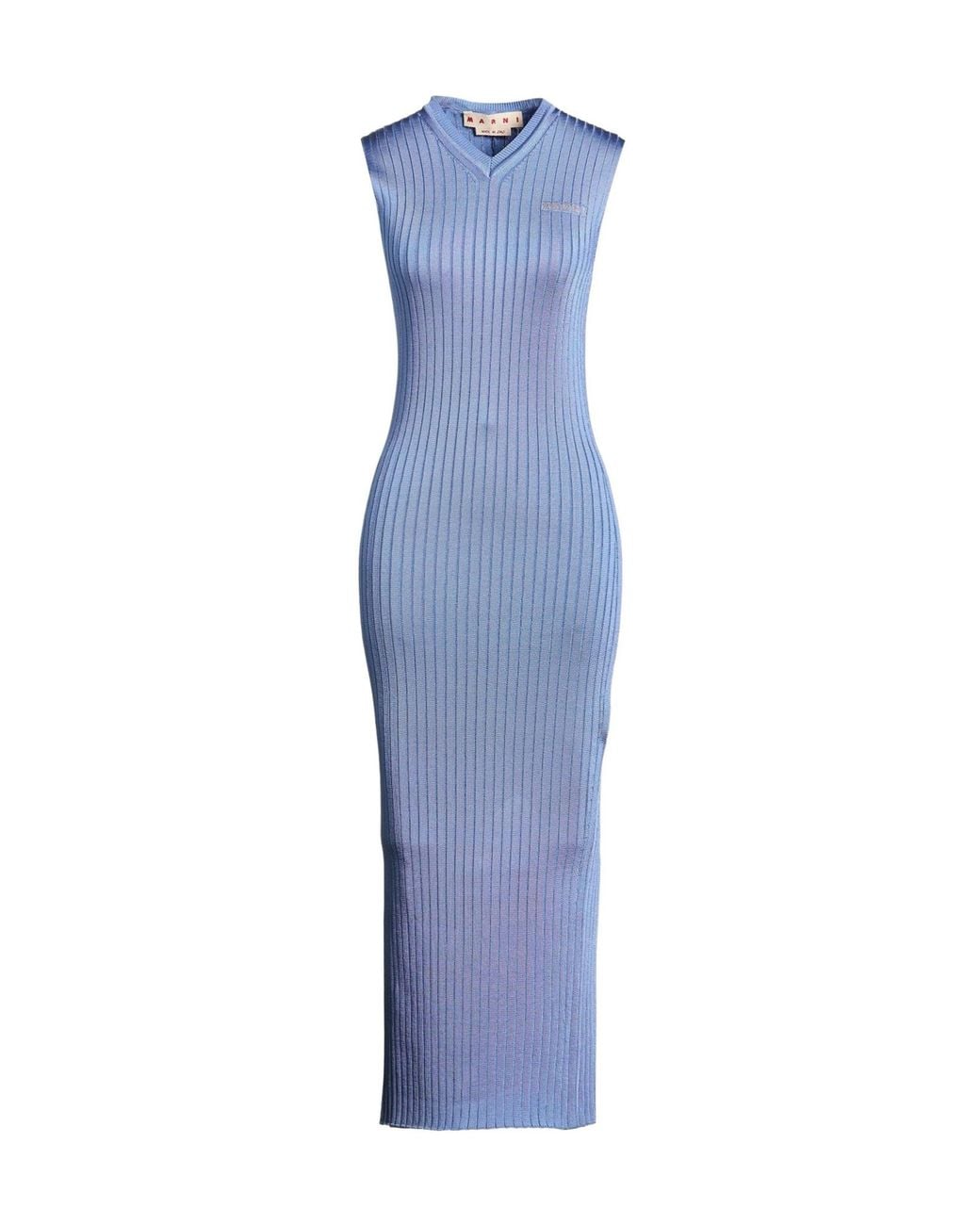 Dressing Styl Marni V-Neck Sleeveless Ribbed Knit Midi Dress in Blue | Lyst