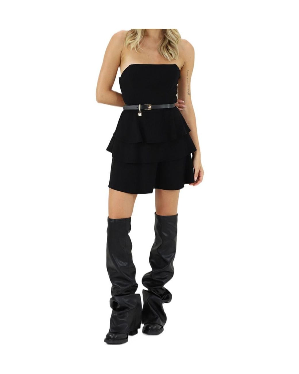 Elisabetta Franchi Black Belted Tiered Mini Dress