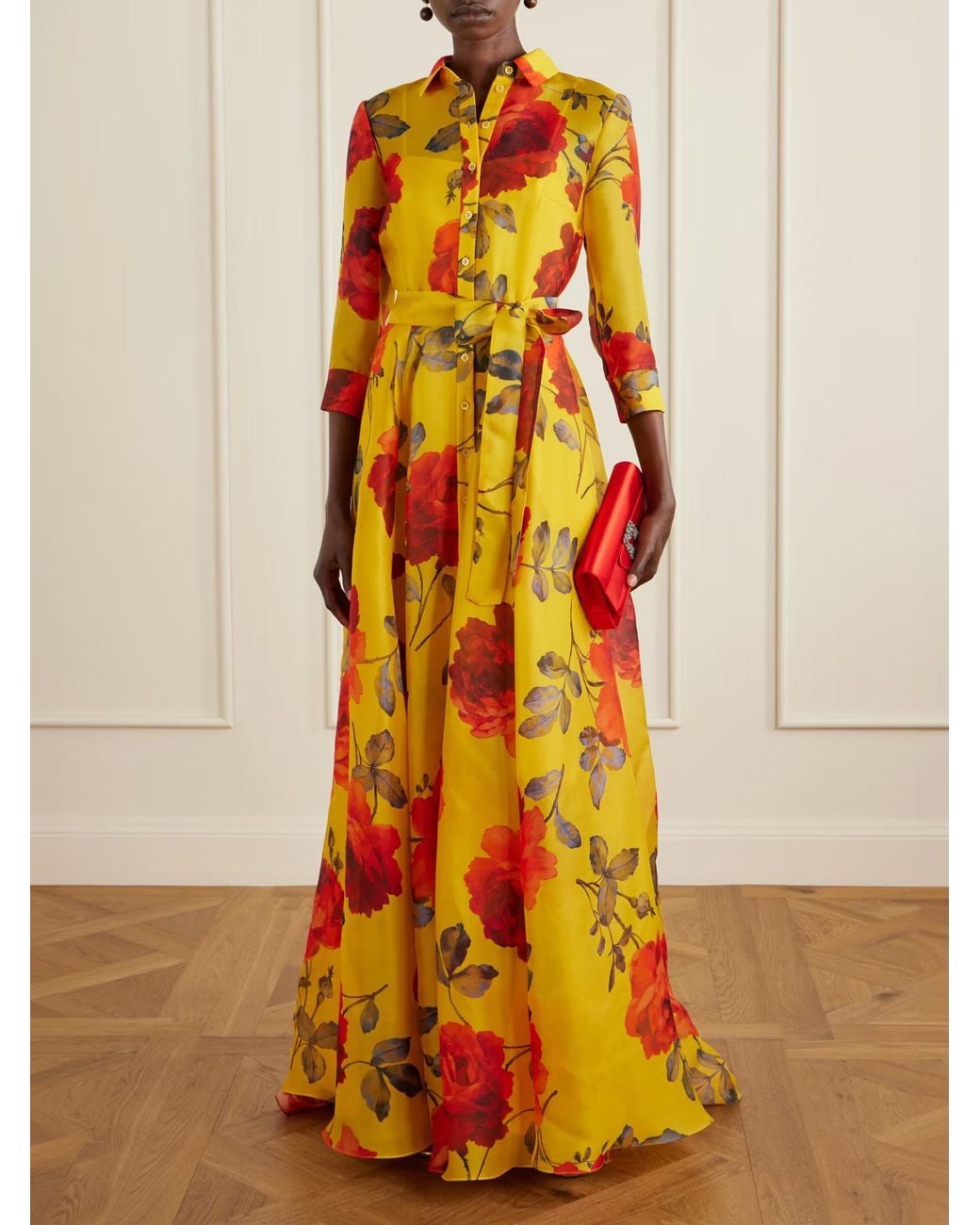 Carolina Herrera Yellow Floral Print Dress With Tie
