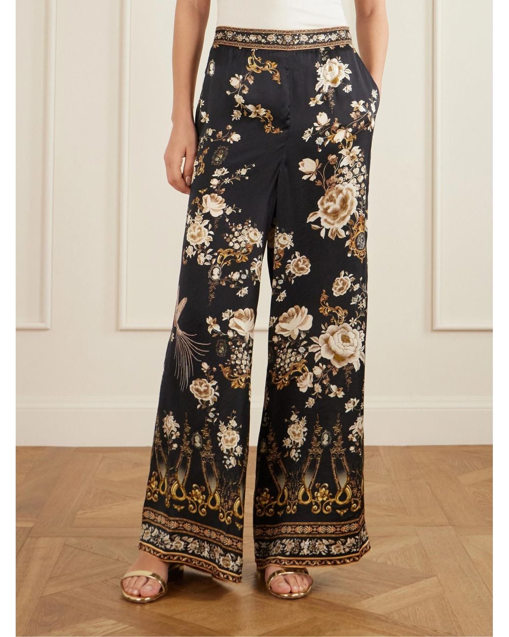 Camilla Black Embellished Embroidered Printed Silk-Satin Pants