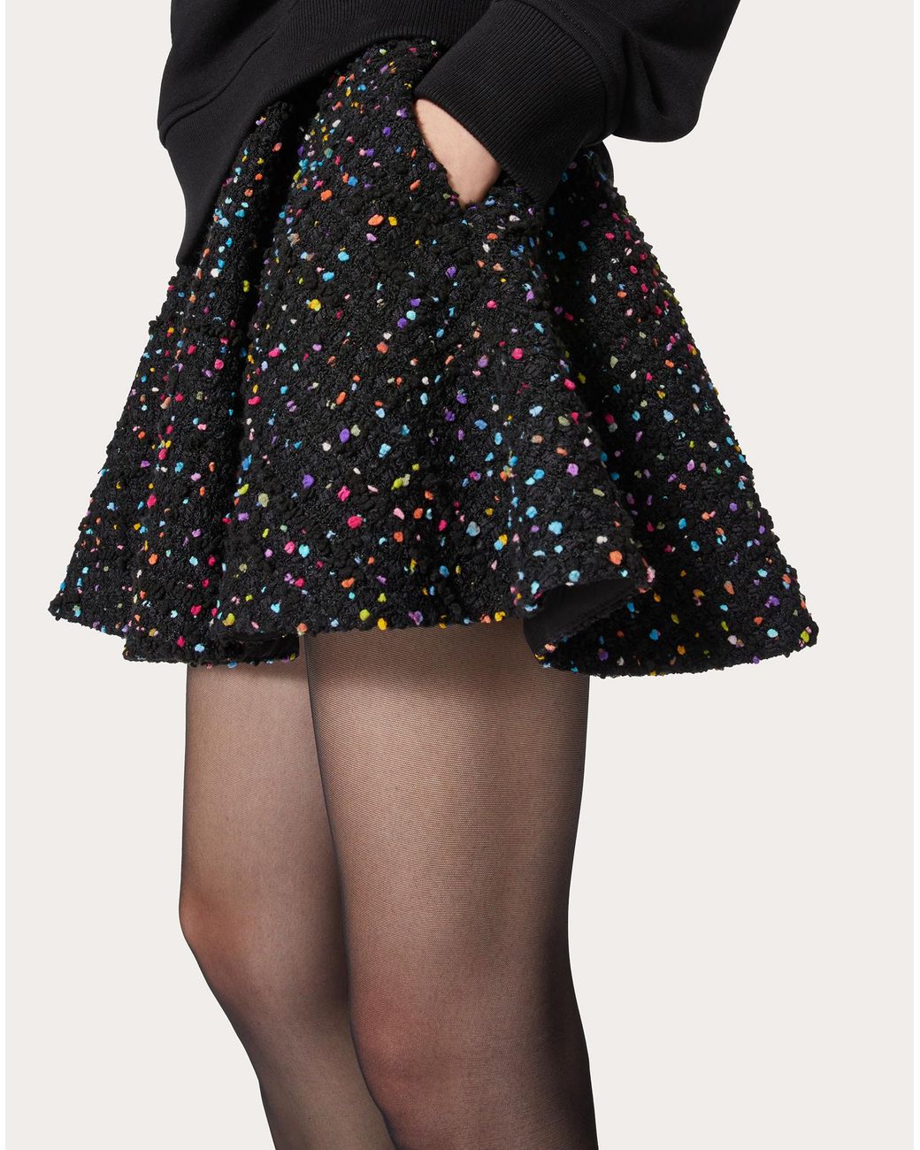 Valentino Black Dotted Tweed A-Line Skirt