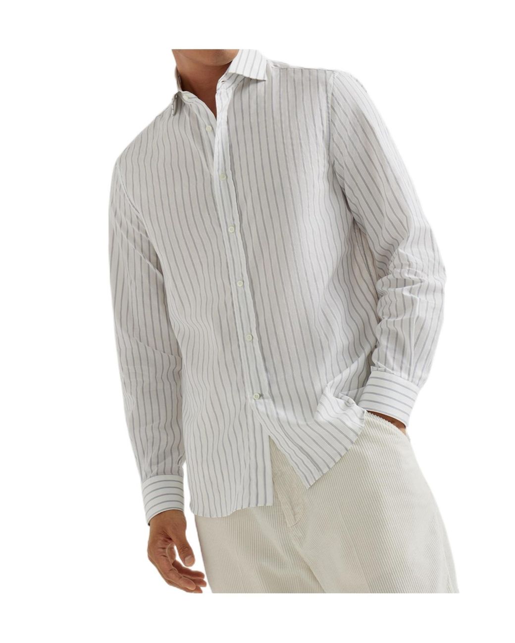 Brunello Cucinelli White Striped Button-Up Shirt for men