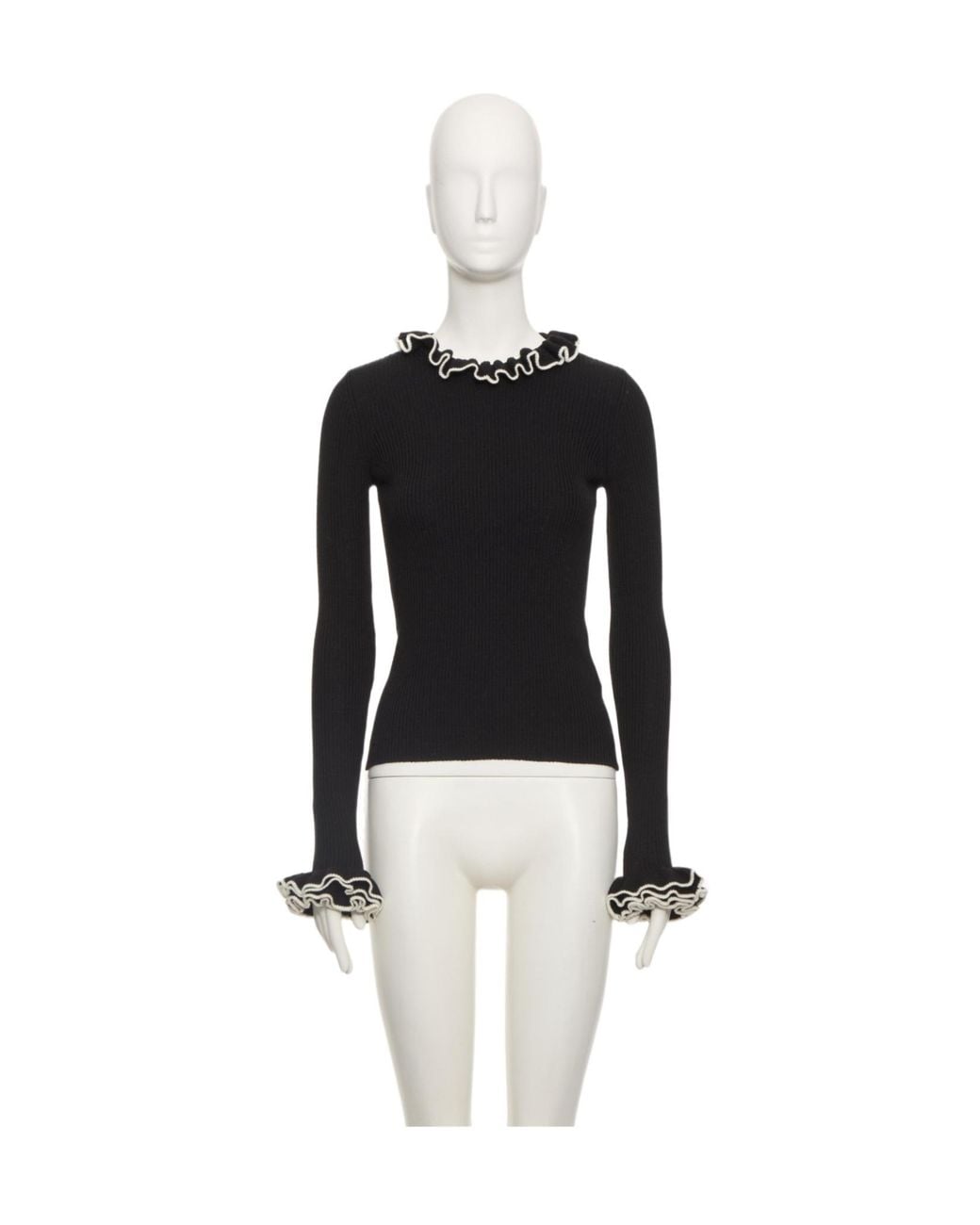 Valentino Black Ruffled Ribbed-Knit Top
