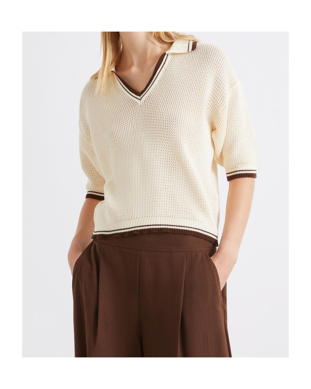 Marella Natural V-Neck Striped Knit Top