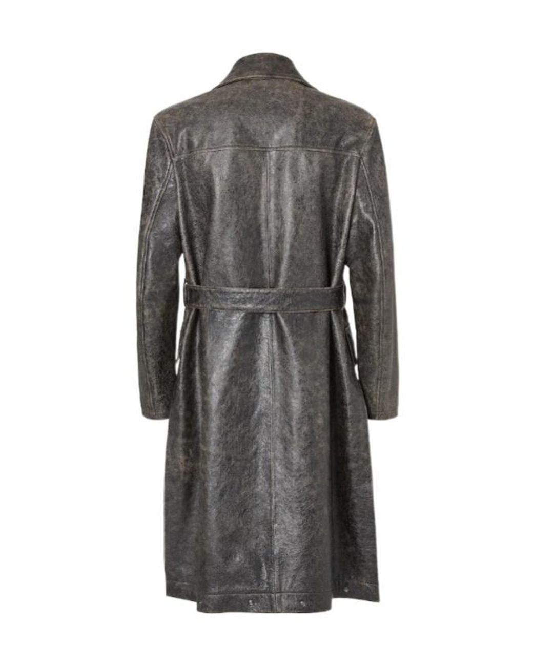 Fendi Gray Crackled Belted Leather Trench Coat for men
