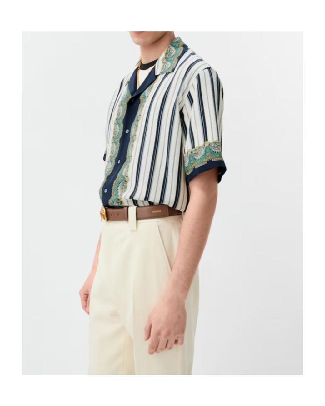 Versace Blue Pattern-Printed Crêpe De Chine Short-Sleeved Shirt for men