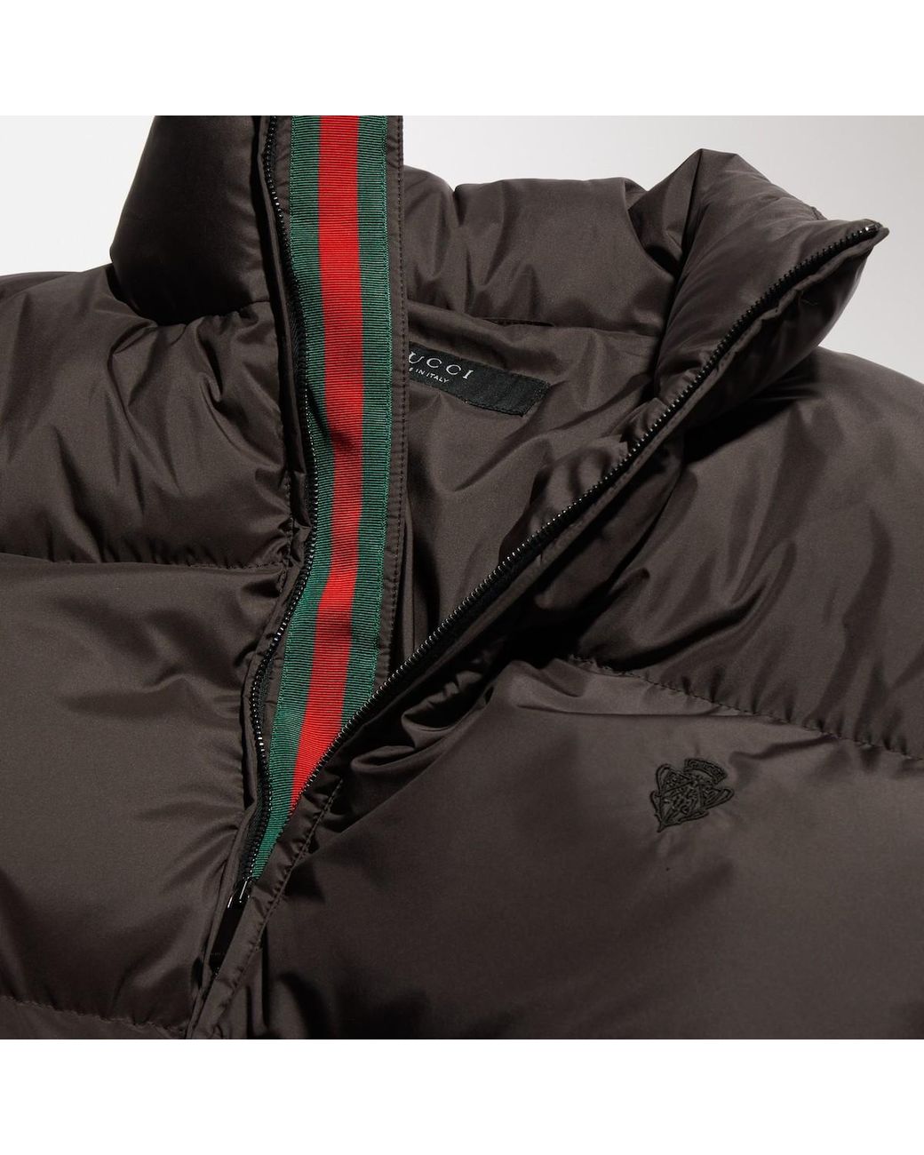 Gucci Brown Crest-Embroidered Web-Detail Puffer Jacket